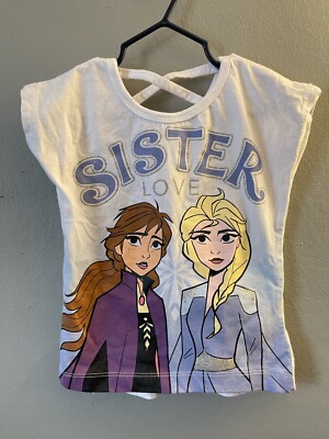 Disney Frozen 2 Toddler Girl Elsa Anna Sisters Glitter Lattice Back Top White 4T