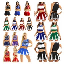Women Cheerleading Cosplay Costume Sleeveless Crop Top Mini Pleated Skirt Outfit