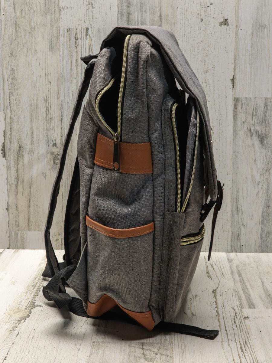Kenox Dark Grey Canvas Brown Faux Leather Trimmed Laptop Rucksack