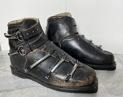 Raichle Swiss Leather Buckle Ski Boots Black Size 9.5 Narrow 60 s Vintage-FS!