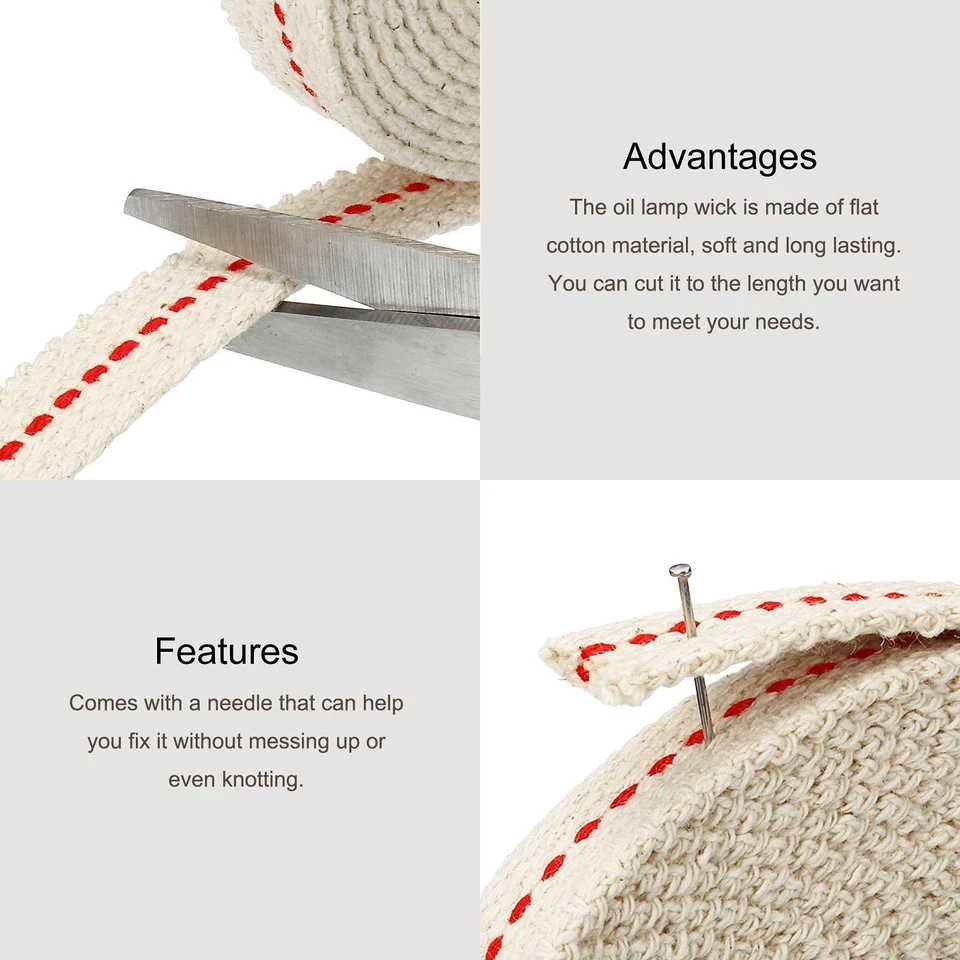 Algodón Aceite Lámpara Mecha 6mm Plano Ancho 3 Metros con Roja Puntada - Imagen 3 de 4