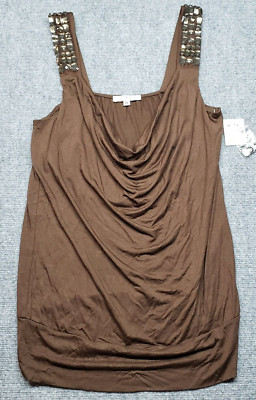 Moa Moa Blouse Womens M Dark Brown Solid Sleeveless Rhinestones Cowl Neck New