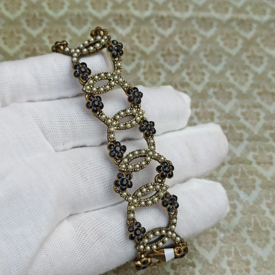 Michal Negrin Bracelet Wide Pearls and Black Crystals Art Deco Gothic Geometric - Image 3 of 4