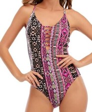 1093 Lucky Brand swimwear boho chic One-Piece plunge swimwear MULTI PINK sz M