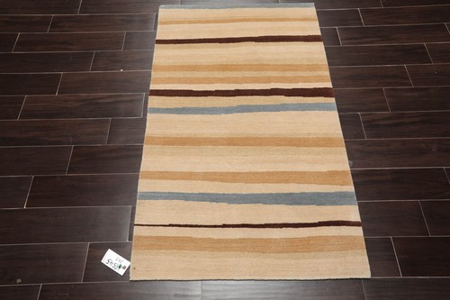 3x5 Hand-Knotted Contemporary Striped Tibetan Wool Area Rug Beige - Picture 3 of 8