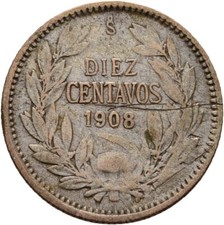 Chile 10 Centavos 1908 1.5g Original Coin #HOF24