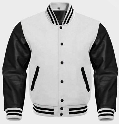 Varsity Baseball College Lettermen Bomber White Wool Black Leather Jacket 