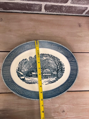 Vtg MCM 1950's "Old Inn Winter" Royal China Currier & Ives Blue 13" Oval Platter - Picture 10 of 10