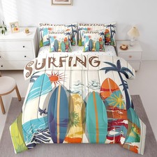 Surfboard Comforter Set with Sheets Twin Size Beach Palm Tree 7 Pieces Beddin...