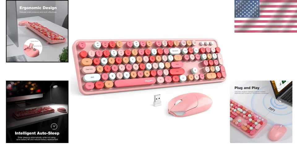 Vintage-Inspired Pink Wireless Keyboard and Mouse Set with Multimedia Features - Image 2 of 4