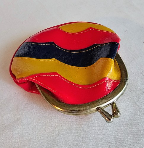 Vintage Geldbörse Kiss Lock Rot Senfgelb Marineblau Made In Hong Kong