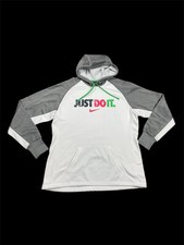 Nike Thermafit Hoodie Women s Large Just Do It Pullover Center Check White Grey