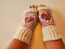 Womens Handmade Crochet Mosaic Multicolor Heart Fingerless Gloves