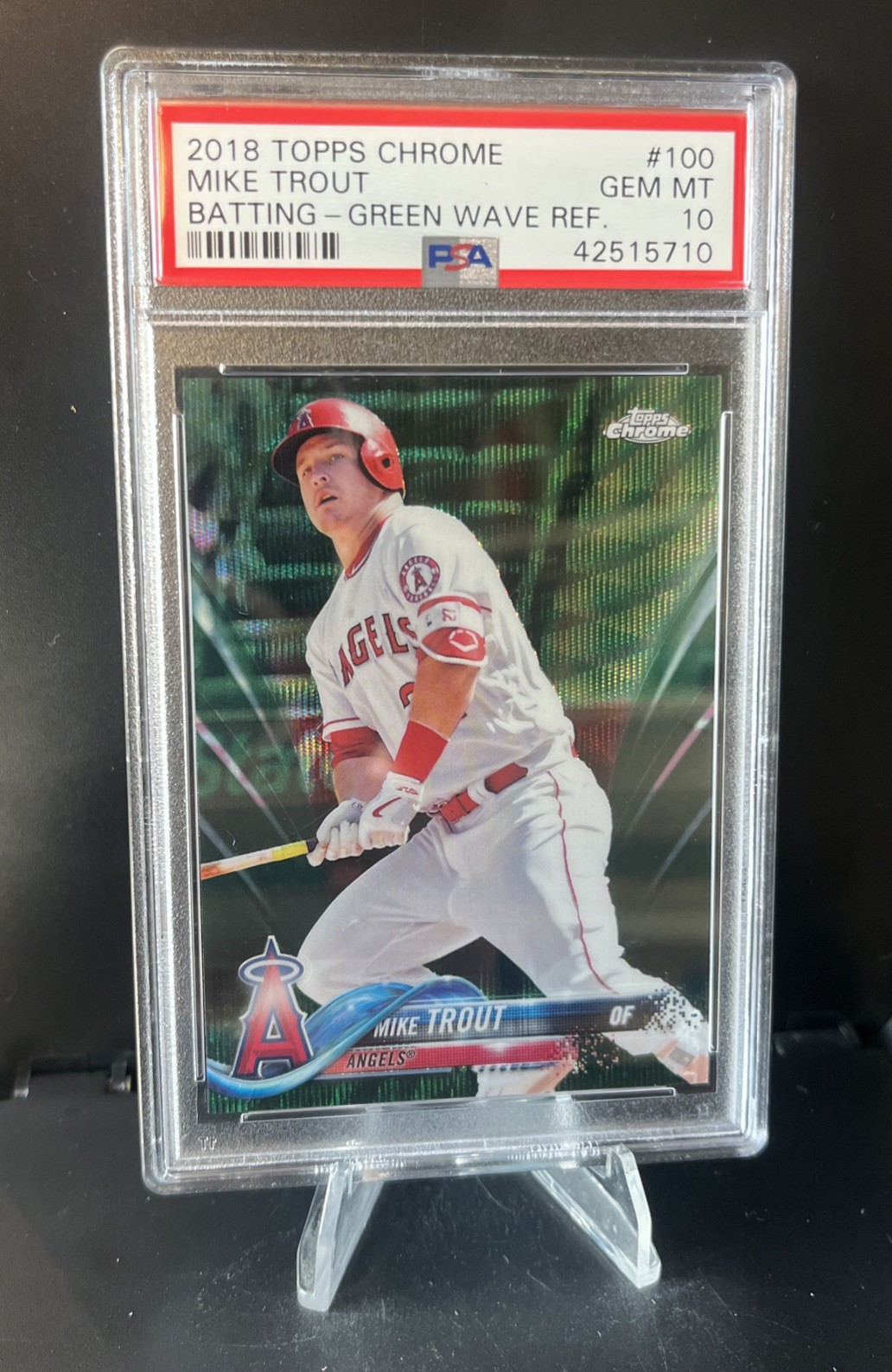 2018 TOPPS CHROME BATTING-GREEN WAVE REFRACTOR #100 MIKE TROUT /99 PSA 10