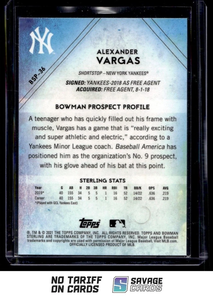2021 Bowman Sterling Alexander Vargas #BSP-36 New York Yankees - Image 2 of 3