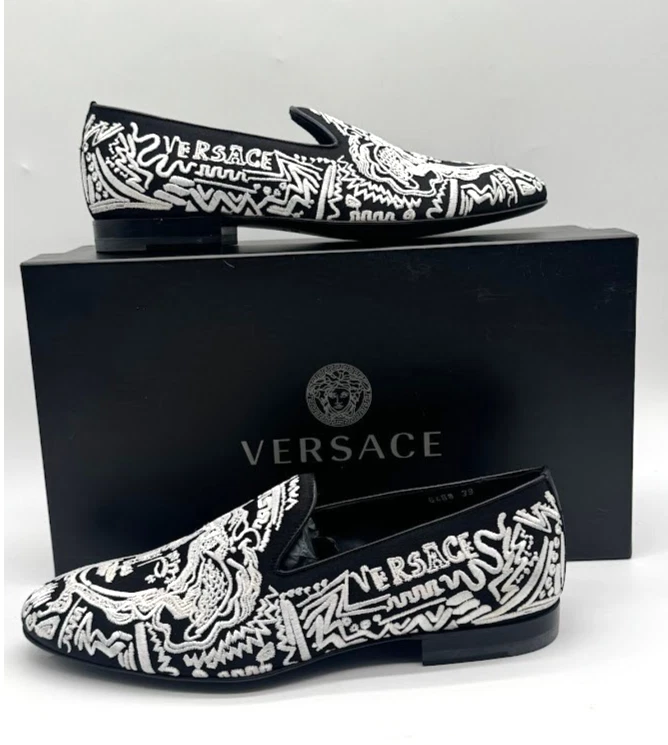 Versace Medusa Embroidered Slippers Black White Loafers DSU6488 US7 IT39 NEW 90_1016201-  main image 3
