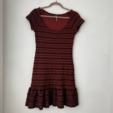 Free People Cozy Day Rust Black Zig Zag Knit Flounce Mini Dress S