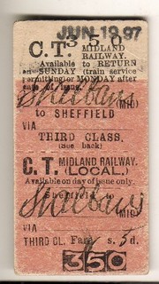 Railway Ticket Midland Rly Sheffield Staveley ? 1897