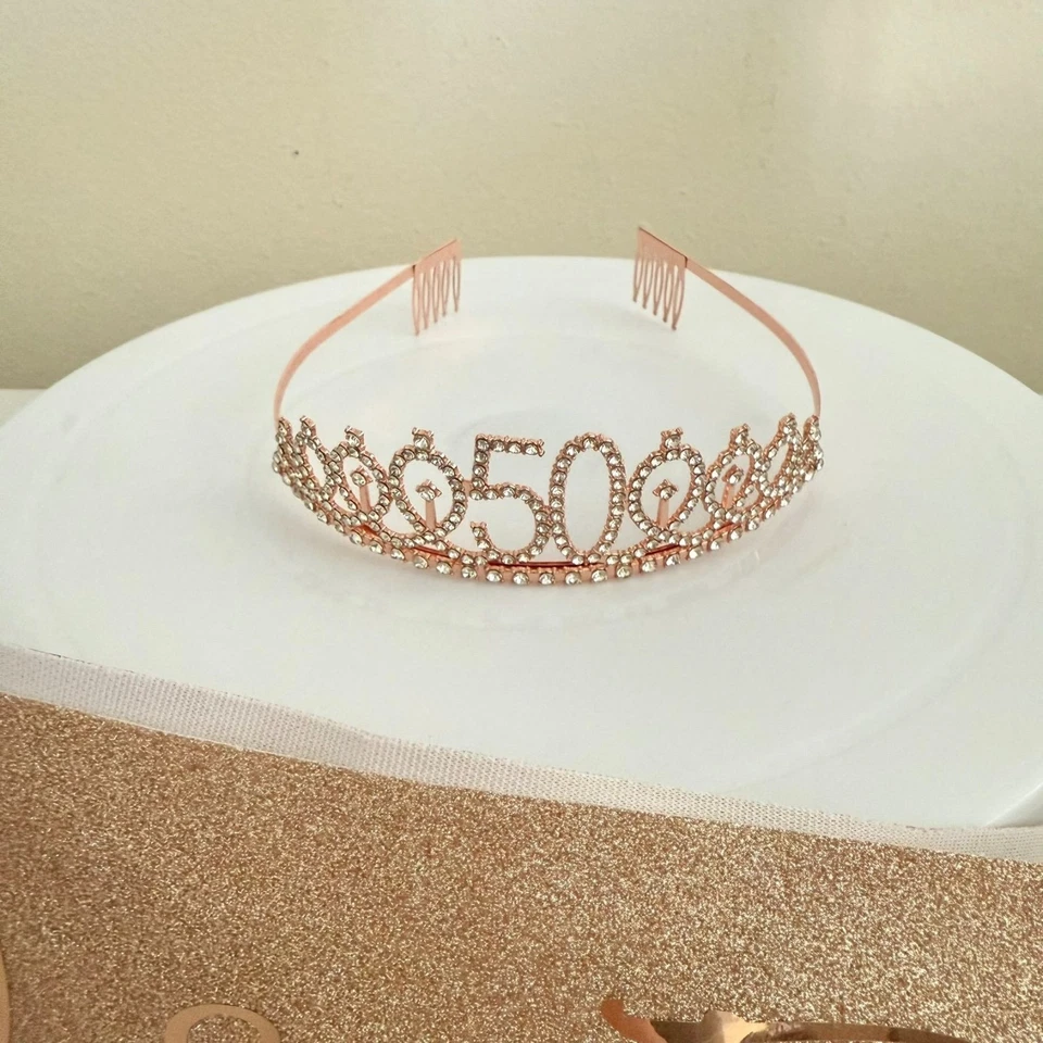 Набор тиары и пояса на 50-й день рождения розовое золото 50 и сказочный блестящий аксессуар для вечеринки - Изображение 2 из 4