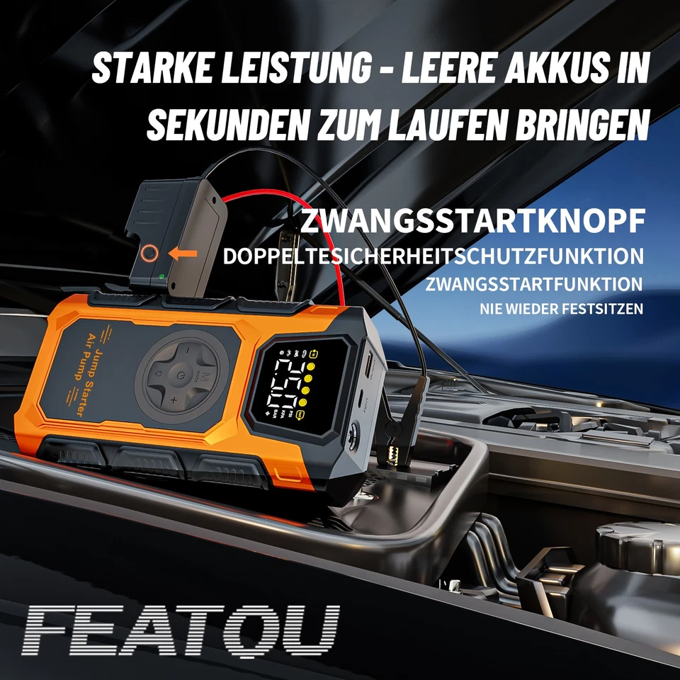 Caricabatteria avviamento auto 8000A Jump Starter Powerbank auto con compressore d'aria DE - Immagine 3 di 4