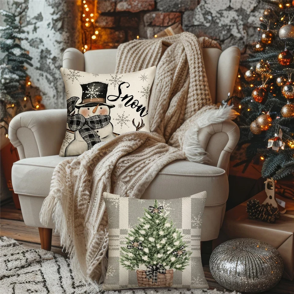 Christmas Snowman Reindeer Throw Pillow Covers Christmas Tree Truck Stripes - Image 4 of 4