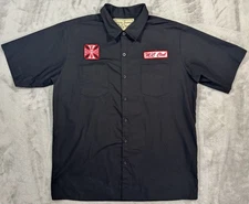 West Coast Choppers Jesse James Work Shirt Mens L Black Red Embroidered Back Y2K