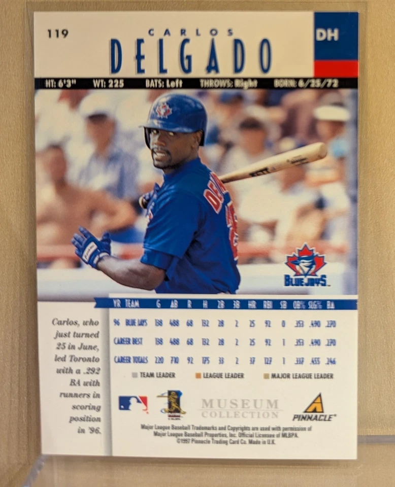 1997 New Pinnacle MUSEUM COLLECTION #119 Carlos Delgado Blue Jays RARE PARALLEL - Image 2 of 2