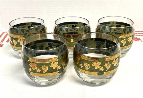 Vintage MCM Cera roly poly whiskey tumbler Golden Grapes Green pattern set of 5 , Barware