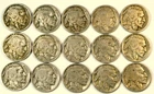 15 Buffalo Indian Head Nickels 1917 -1935, Good/VG condition, All Full Dates