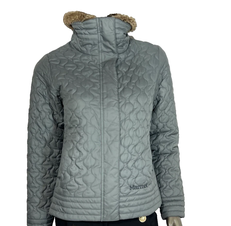 Marmot St. Moritz Quilted Jacket Womens Medium Gray Faux Fur Collar - Image 2 of 4