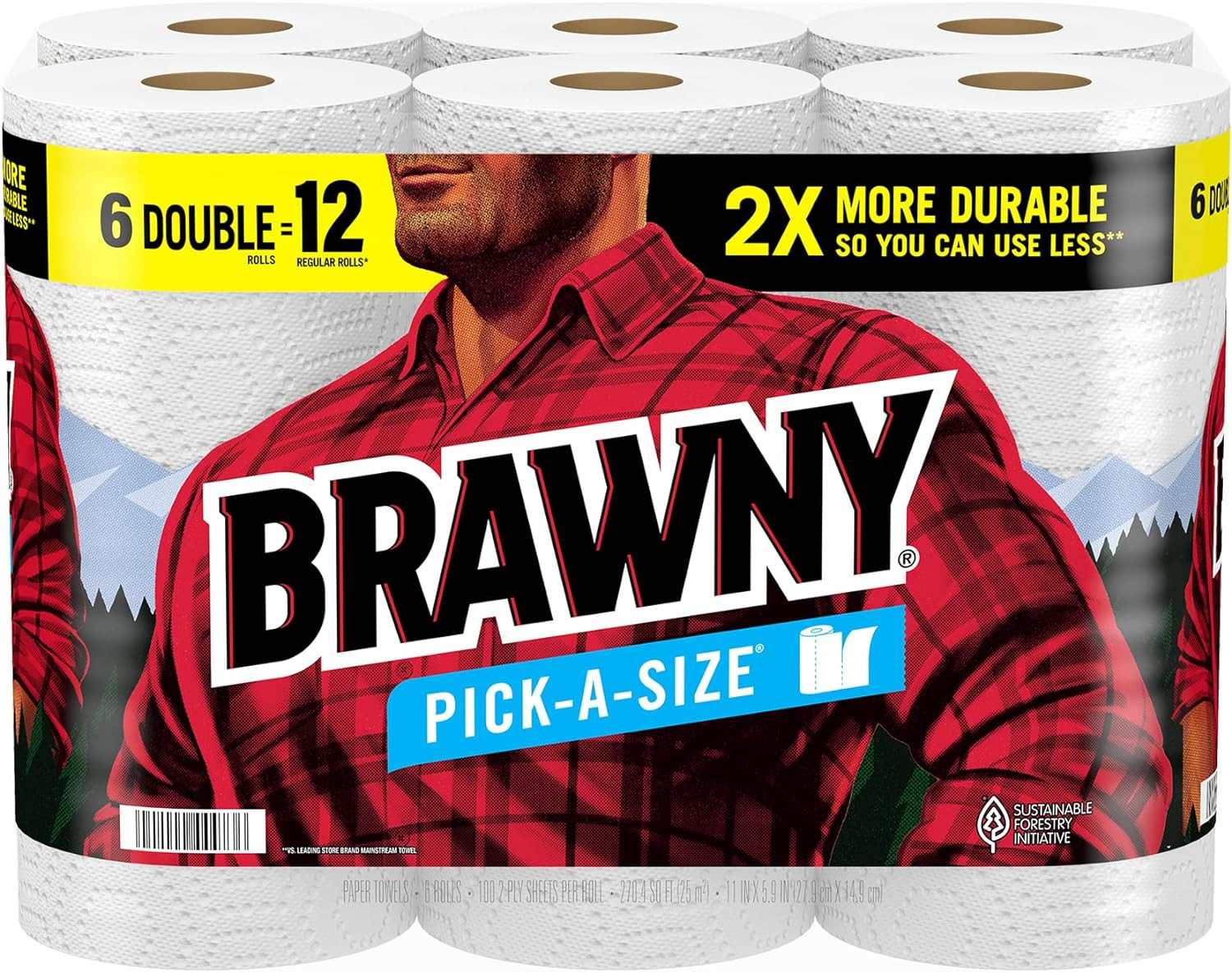 Brawny Pick-A-Size Paper Towels, 6 Double Rolls = 12 Regular