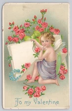 Postcard VALENTINE Angel Cherub Pink Roses & Valentines Embossed BWV Germany VL2