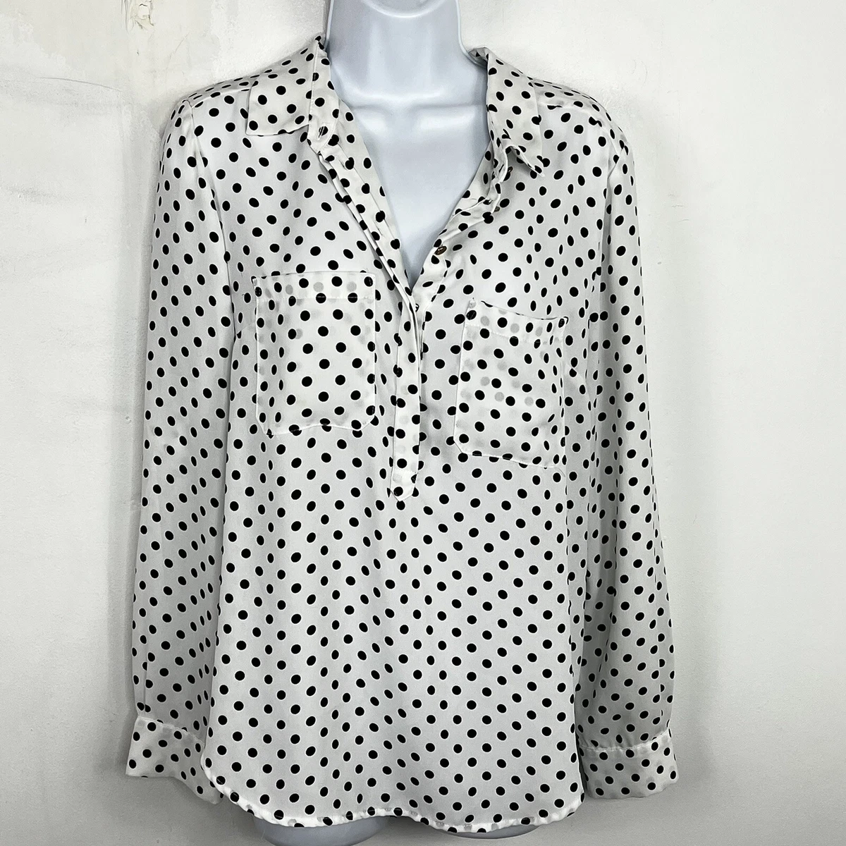 Tokito City Womens Top Sz 12 White Black Polka Dot Long Sleeve Collared Blouse