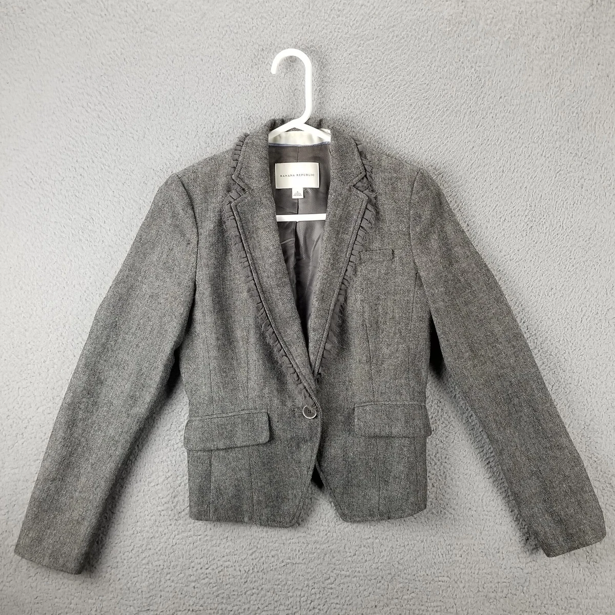 Banana Republic Wool Blend Blazer Suit Jacket Women 4 Ruffle Herringbone Career