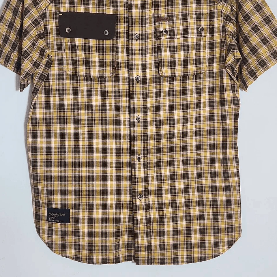 Camisa Rocawear Marrón y Amarillo A Cuadros Manga Corta Abotonada Talla Mediana Foto 3 de 4