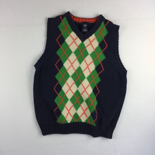 Gap Boys Sweater Vest Size 6-7 Navy Blue green orange Argyle EUC - Afbeelding 1 van 5