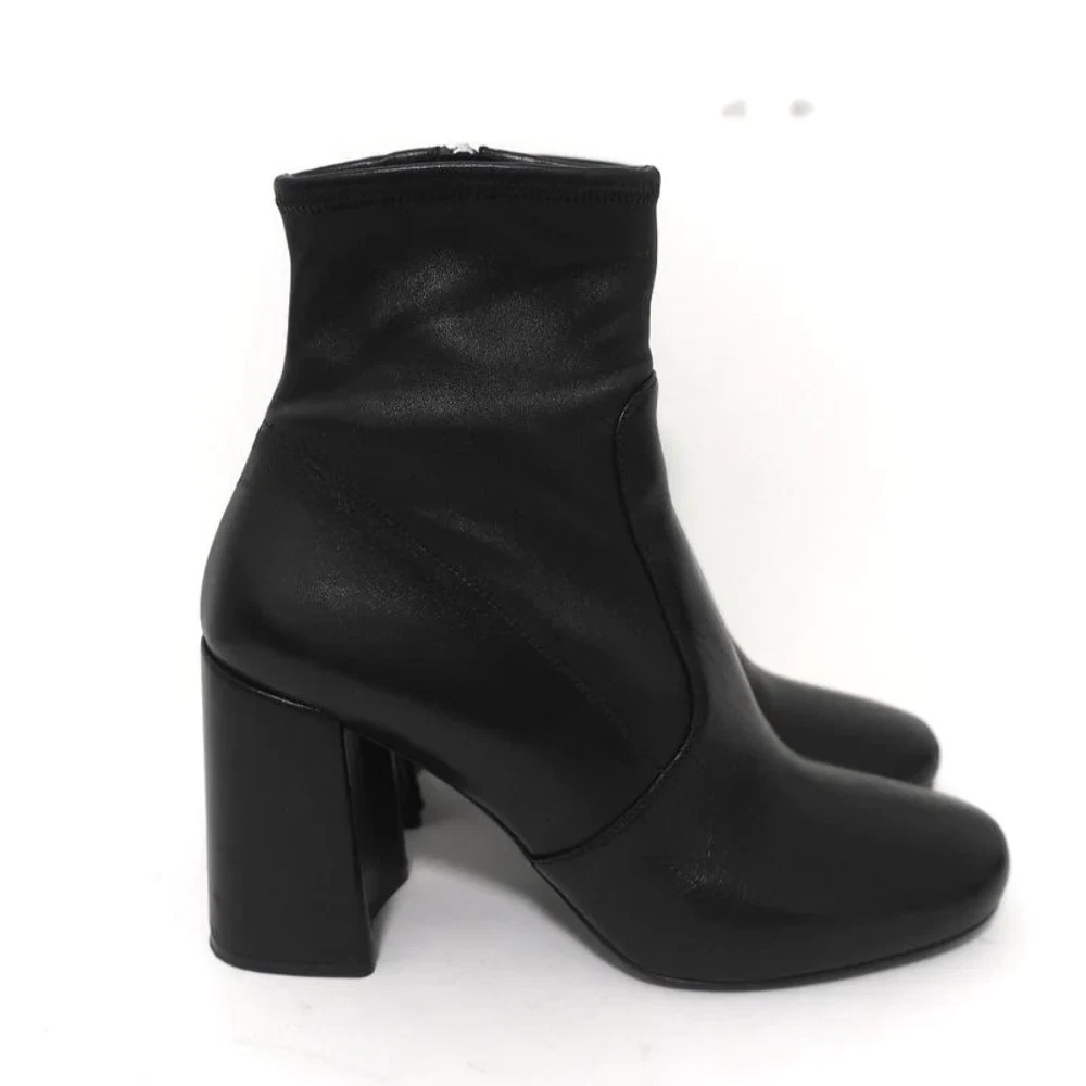 Prada Ankle Boots Black Stretch Leather Size 38 Chunky Heel Booties