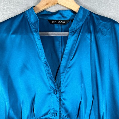 NWOT Dialogue Womens Fitted Teal Blue Satin Blouse Shirt Size Medum - Picture 3 of 13
