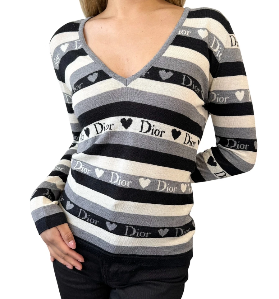 Christian Dior Vintage 2005 Logo Knit Top #42 Gray Black Heart Wool Stripe RankB - Image 2 of 4
