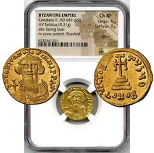 Constans II, AD 641-668 Byzantine Empire AV Gold  Solidus - NGC Choice EF