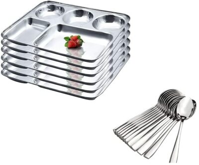 Stainless Steel Dinner Plates 5 compartment 25 PC Free 25 Spoon Gurudwara Hostel
