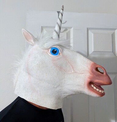 White Dreamy Unicorn Horse Costume Latex Rubber Horror Scary Mask Halloween NWT