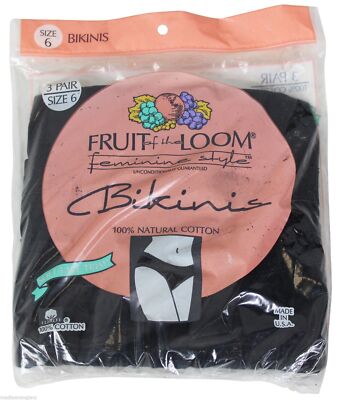 New VTG 90s FRUIT OF THE LOOM Bikini Panties Size 6 Solid Black 3 PAIR Deadstock