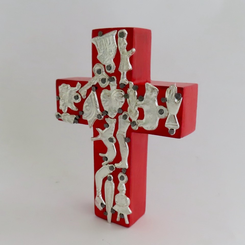 Milagros Wood Cross Painted Red Sacred Heart Milagro Mexico Folk Art