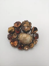 Vtg. Signed Regency Amber Rhinestone Brooch, 1.75"