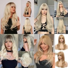 Long Wavy Platinum Blonde Hair Wigs with Bangs for Women Synthetic Wig Fanshion