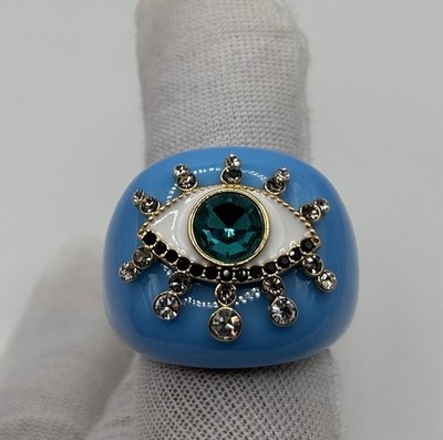 Blue Evil Eye Statement Ring Gold Tone Crystal Accent Oversized Fashion Ring