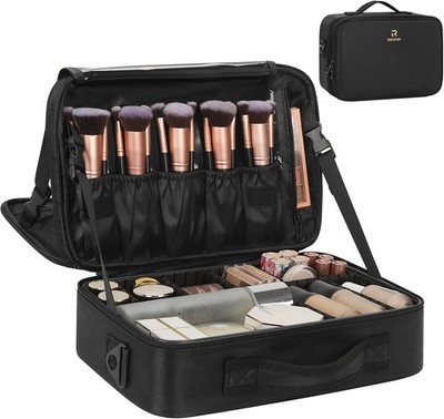 Relavel Travel Makeup Bag, Large Cosmetic Organizer Box w/Dividers, Black