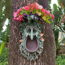 Big Mouth Old Man Tree Face Sculpture, Flower Planter Pot Hand-Painted Greenman 