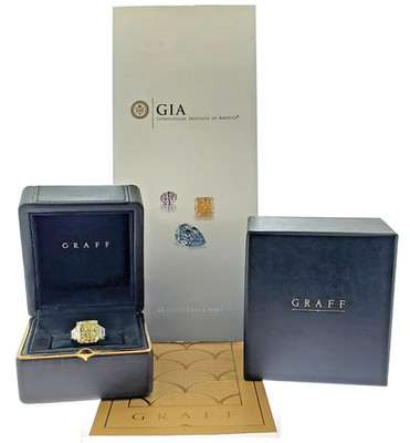 GRAFF Large 10ct+ Fancy Yellow Natural Diamond Radiant 3Stone Platinum Ring GIA